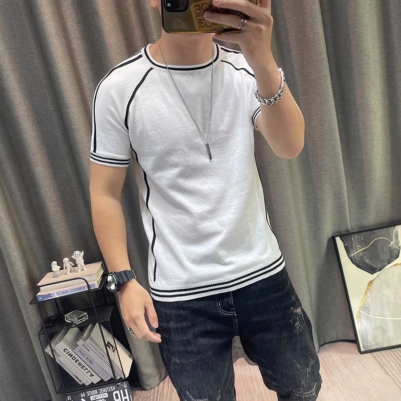 Short-Sleeved Colorblock Round Neck Top Men'S Pullover Thin Jacquard Knit High Quality Trendy All-Match T-Shirt Men Ins - Image 4
