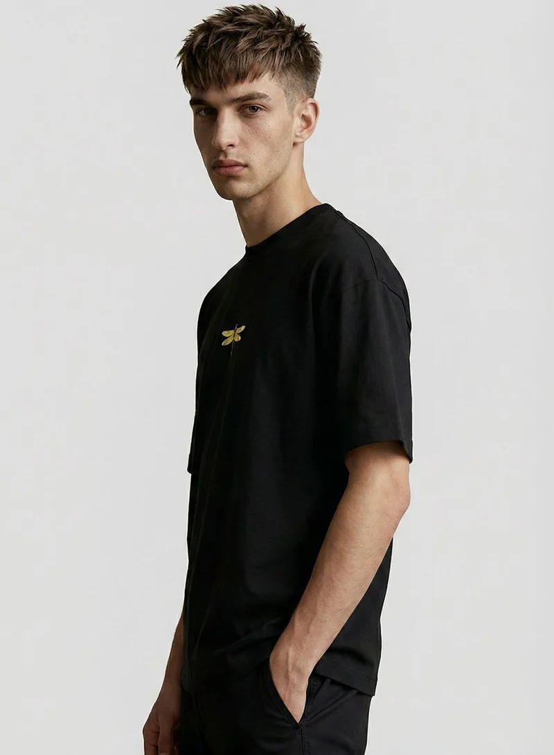 دينيس لينغو Black 100% Cotton Printed Regular Fit T-Shirt For Men