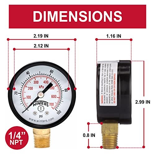 Winters Instruments Winters 2 inch Dial Size, Multi Function Economy Utility Dry Pressure Gauge, Brass Internals, Black Steel Case, Dual Scale 0-100 psi/kPa, 3-2-3% Accuracy, 1/4 inch NPT Bottom Mount, Pressure Gauge - Image 3