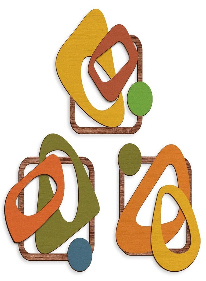 Pigort 3 Pcs Wooden Abstract Wall Art Mid Century Modern Wall Art 3D Modern Elegance Wall Decor Geometric Wall Decoration for Home Living Room Office 12.2x13inch - Image 1