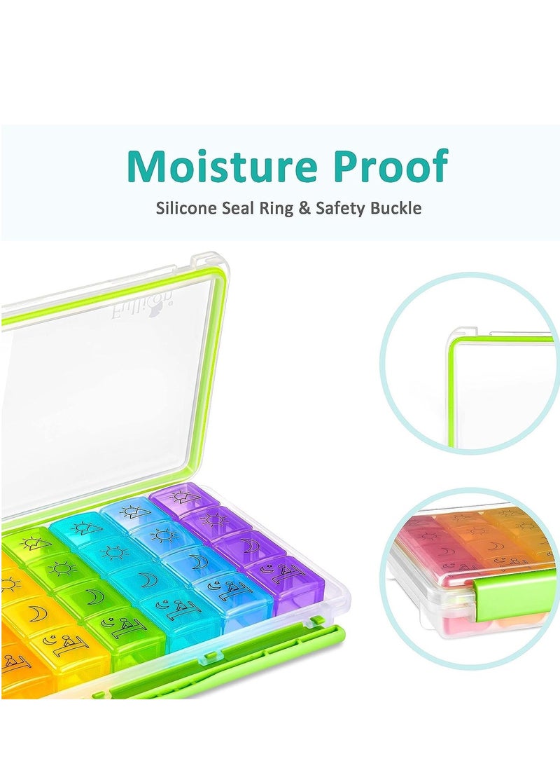 SYOSI - Weekly Pill Organizer 4 Times a Day, Box 7 Day with Separate Container for Travel, Portable Case Medication, Vitamins, Fish Oil and Supplements(Clear Green) - Image 1