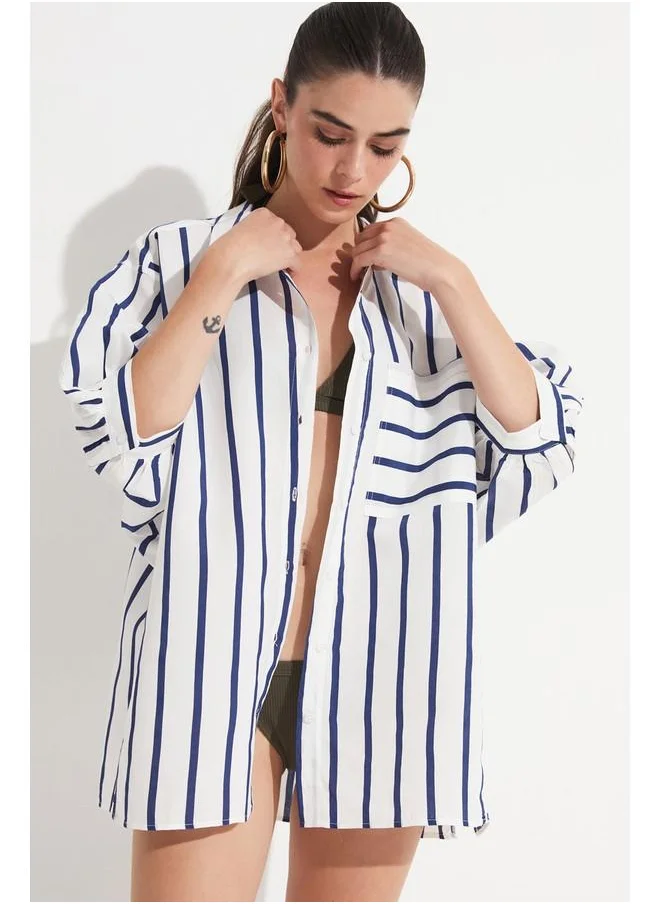 جون June Women Viscose Blend Striped Shirt White - Navy