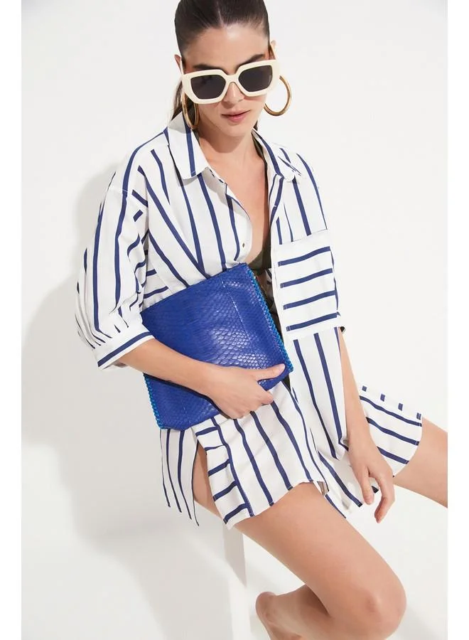جون June Women Viscose Blend Striped Shirt White - Navy