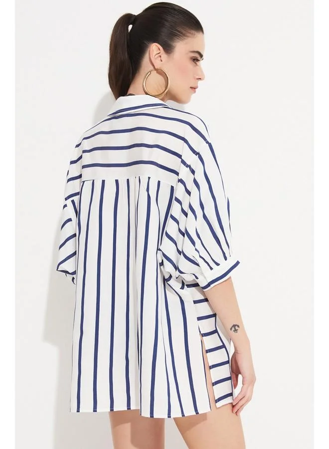 جون June Women Viscose Blend Striped Shirt White - Navy