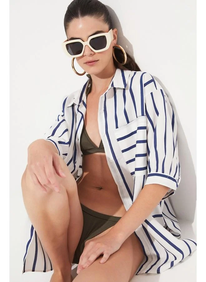 جون June Women Viscose Blend Striped Shirt White - Navy