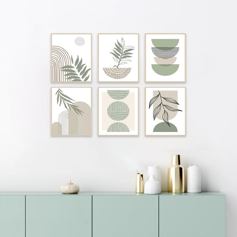 KBKBART Sage Green Boho Wall Art Prints, Abstract Geometric Boho Wall Decor Leaf Sun Moon Line Canvas Art Painting, Minimalist Green Boho Room Decor Posters for Bedroom Gallery Living Room Bathroom Boho Home - Image 3