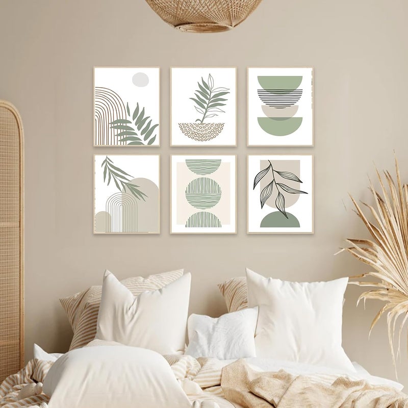 KBKBART Sage Green Boho Wall Art Prints, Abstract Geometric Boho Wall Decor Leaf Sun Moon Line Canvas Art Painting, Minimalist Green Boho Room Decor Posters for Bedroom Gallery Living Room Bathroom Boho Home - Image 5