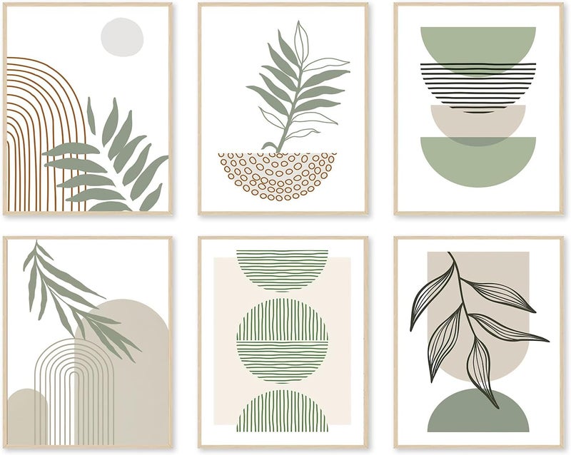 KBKBART Sage Green Boho Wall Art Prints, Abstract Geometric Boho Wall Decor Leaf Sun Moon Line Canvas Art Painting, Minimalist Green Boho Room Decor Posters for Bedroom Gallery Living Room Bathroom Boho Home - Image 1