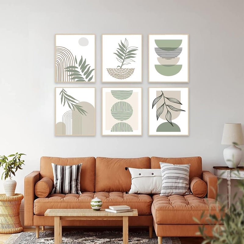 KBKBART Sage Green Boho Wall Art Prints, Abstract Geometric Boho Wall Decor Leaf Sun Moon Line Canvas Art Painting, Minimalist Green Boho Room Decor Posters for Bedroom Gallery Living Room Bathroom Boho Home - Image 4