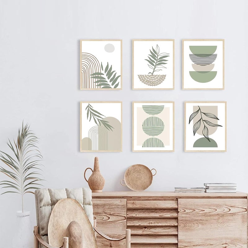KBKBART Sage Green Boho Wall Art Prints, Abstract Geometric Boho Wall Decor Leaf Sun Moon Line Canvas Art Painting, Minimalist Green Boho Room Decor Posters for Bedroom Gallery Living Room Bathroom Boho Home - Image 2