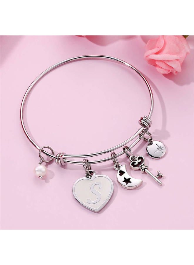 M MOOHAM Letter Bracelets Valentines Gifts - Engraved S Womens Initial Expandable Wire Bangle Bracelet with Heart Charm Christmas Valentines Birthday Jewelry Present for Women Teen Girls Kids Bridesmaids Gifts - Image 4