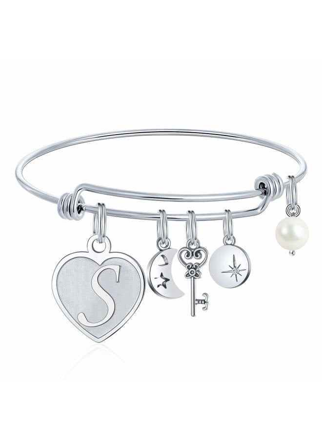 M MOOHAM Letter Bracelets Valentines Gifts - Engraved S Womens Initial Expandable Wire Bangle Bracelet with Heart Charm Christmas Valentines Birthday Jewelry Present for Women Teen Girls Kids Bridesmaids Gifts - Image 1