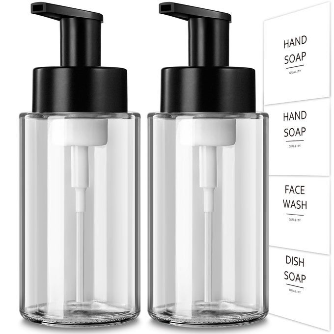 FOAMING SOAP DISPENSER 300ML FOAMING HAND SOAP DISPENSER 2 PACK GLASS FOAM DISPENSER FOR BATHROOM KITCHEN CLEAR REFILLABLE DISPENSER PUMP BOTTLE WITH WATERPROOF LABELS