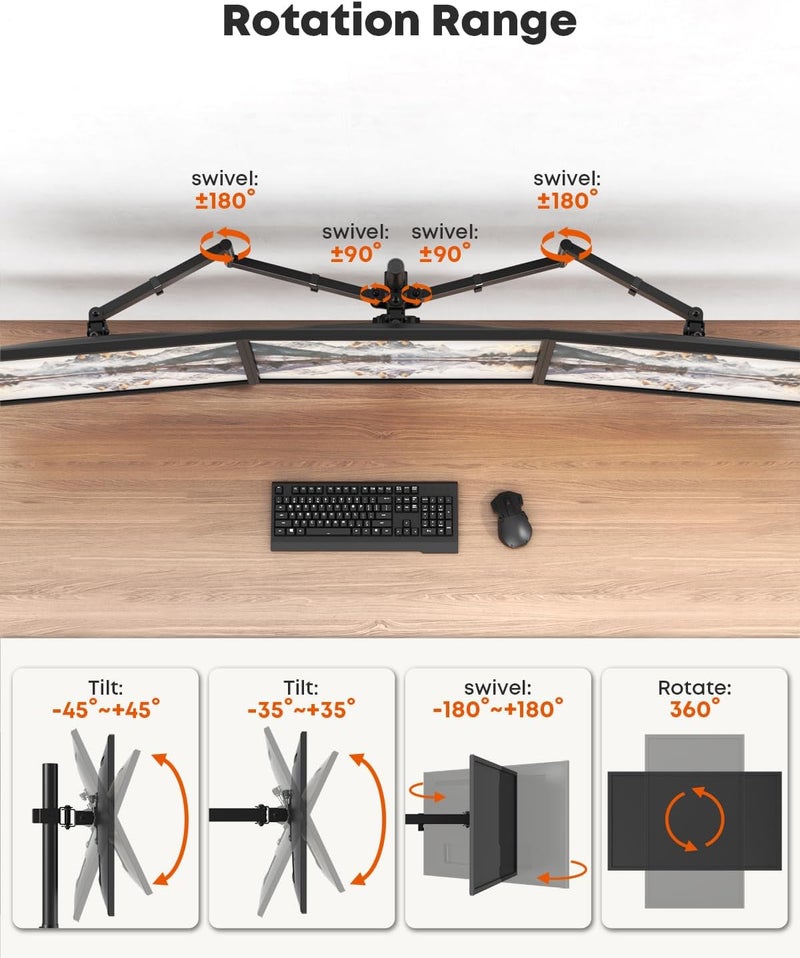 PUTORSEN Triple Monitor Mount,3 Monitor Desk Mount Fits 13-27 inch Screens,Triple Monitor Stand Fully Adjustable with Cable Management,10kg Weight Capacity per Arm,VESA 75/100mm - Image 4