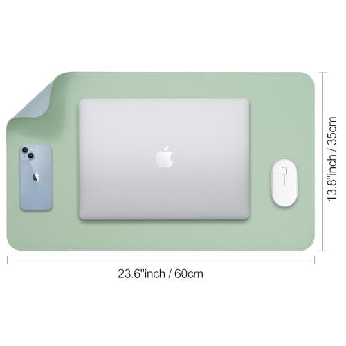 AROPANA Vegan Leather Desk Mat | Large Reversible Mouse Pad & Computer Table Protector | Dual-Side Waterproof Extended Laptop Pad with Edge-Stitched Design (60x35CM, Light Green and Blue) - Image 5