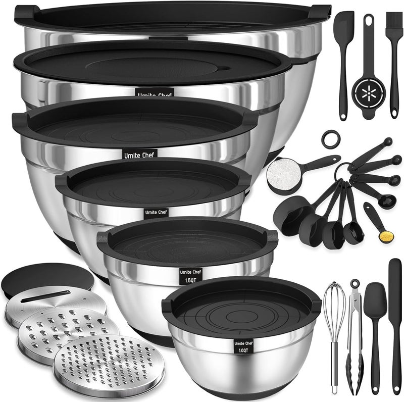 Umite Chef Mixing Bowls with Airtight Lids 26Pcs Stainless Steel Bowls Set 3 Grater Attachments  Black NonSlip Bottoms Size 7 4 25 2015 1QT Great for Mixing  Serving - Image 1