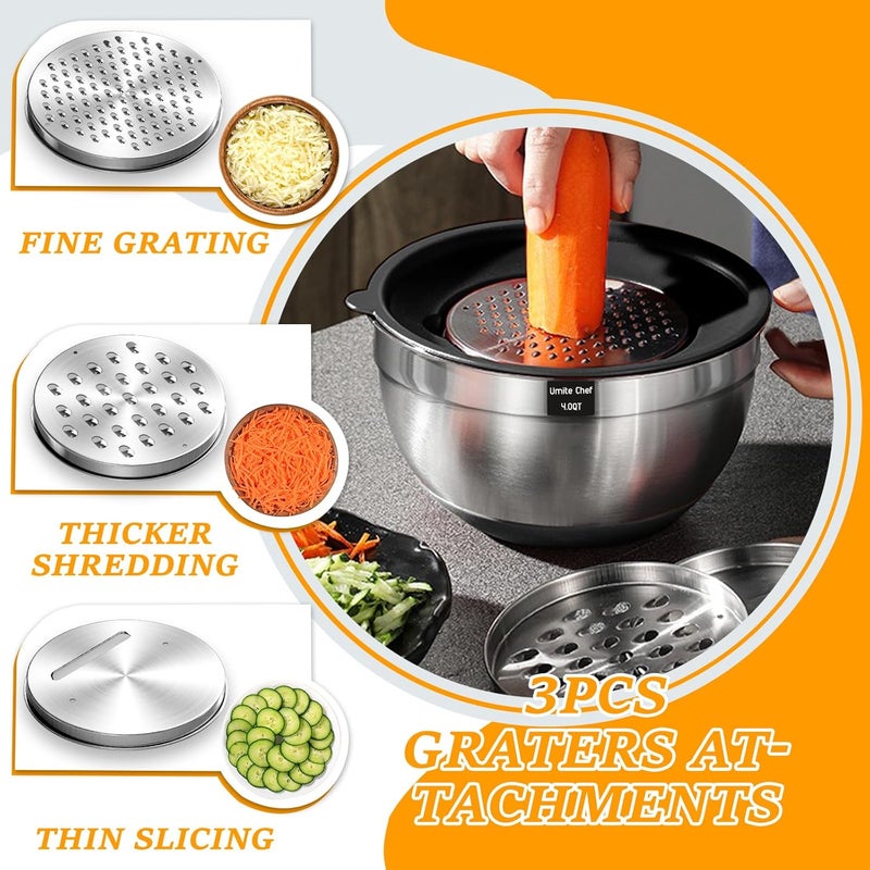 Umite Chef Mixing Bowls with Airtight Lids 26Pcs Stainless Steel Bowls Set 3 Grater Attachments  Black NonSlip Bottoms Size 7 4 25 2015 1QT Great for Mixing  Serving - Image 2