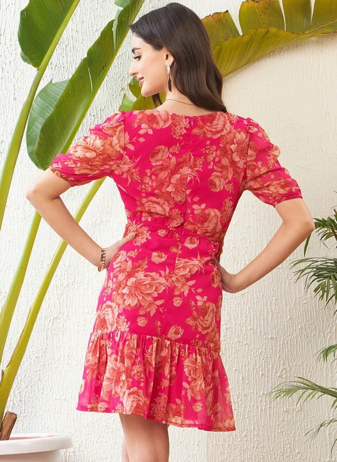 SASSAFRAS Pink Floral Printed Sheath Dress for Women