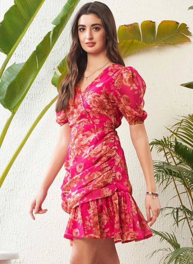 SASSAFRAS Pink Floral Printed Sheath Dress for Women