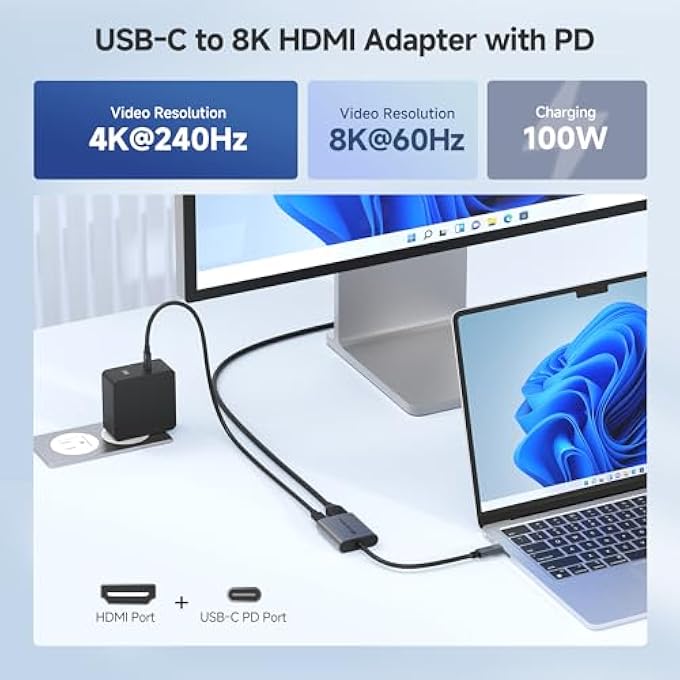Cable Matters 48GBPS USB C TO HDMI ADAPTER SUPPORTING 4K 120HZ AND 8K 60HZ (DSC REQUIRED) HDR - 100W PD - THUNDERBOLT 3 AND THUNDERBOLT 4 PORT COMPATIBLE - MAXIMUM RESOLUTION ON ANY MACBOOK IS 4K@60HZ - Image 2