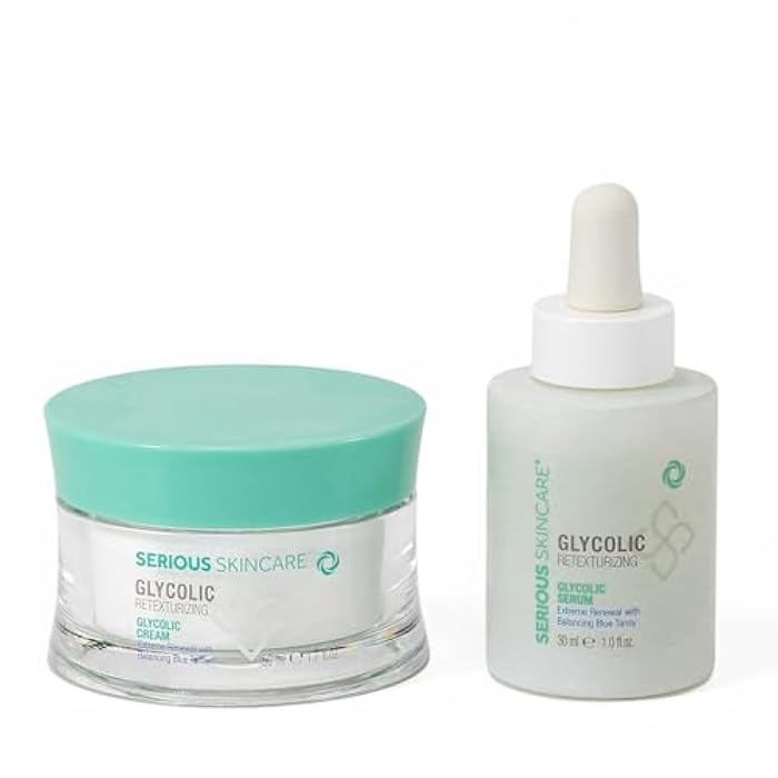 Serious Skincare Glycolic Acid Serum & Face Moisturizer Cream, Facial Renewal Skin Care Set, Exfoliating, Hydrating, Refine Texture, Lines, Pores, Discoloration, Skin Balancing Blue Tansy - Anti-Aging - Image 1