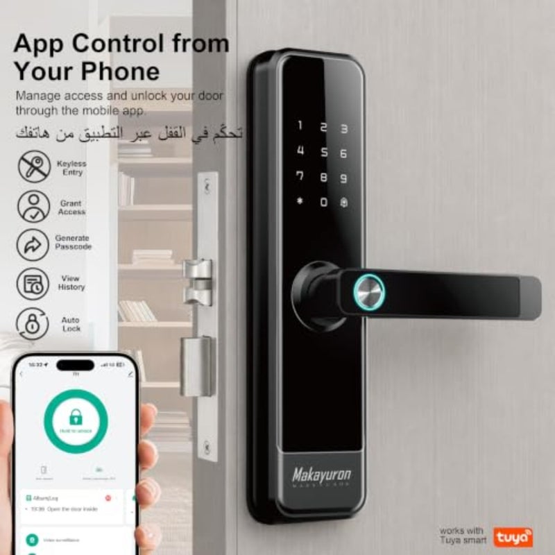 قفل الباب الذكي تطبيق Tuya الذكي عبر Wi-Fi، توجيه صوتي عربي بـ 10 لغات، 5 طرق لفتح القفل (بصمة الإصبع/الرمز/7*بطاقة/2*مفتاح/تطبيق)(M305Tuyawifi-CDH) - Image 3