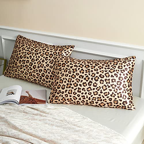 LCBD Satin Pillowcase for Hair and Skin, Gold Leopard Printed Pillow Cases Set of 2, Standard Size Silk Satin Pillow Covers for Women with Envelope Closure - Image 1