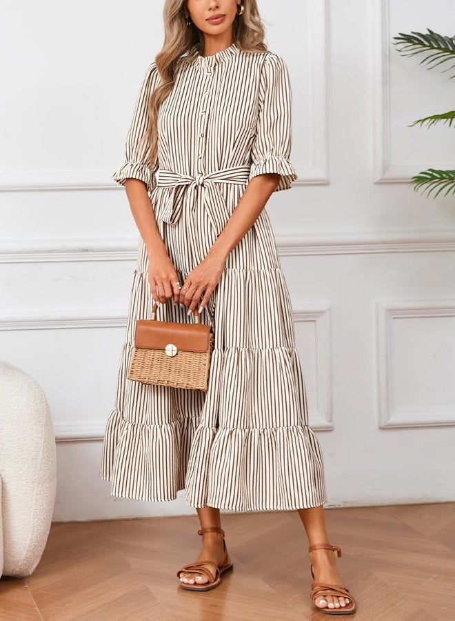 YEXPINE Women's Striped Stand Ruffle Collar Maxi Dress Half Sleeve Button Down Flowy Belted Beach Vacation Dress, Brown, L - Image 2