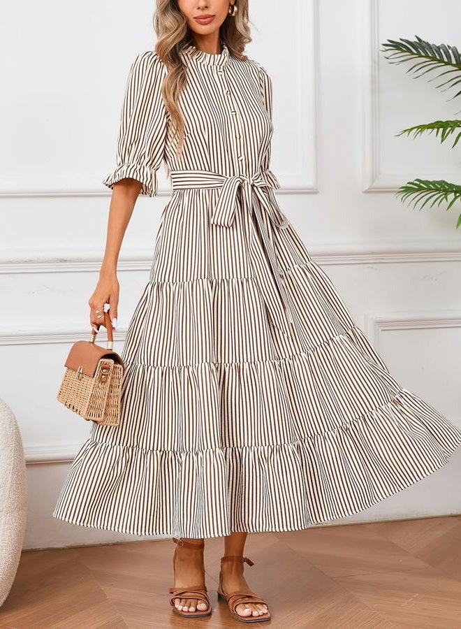 YEXPINE Women's Striped Stand Ruffle Collar Maxi Dress Half Sleeve Button Down Flowy Belted Beach Vacation Dress, Brown, L - Image 3