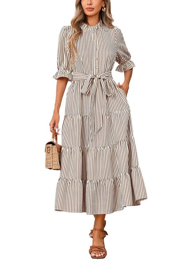 YEXPINE Women's Striped Stand Ruffle Collar Maxi Dress Half Sleeve Button Down Flowy Belted Beach Vacation Dress, Brown, L - Image 1