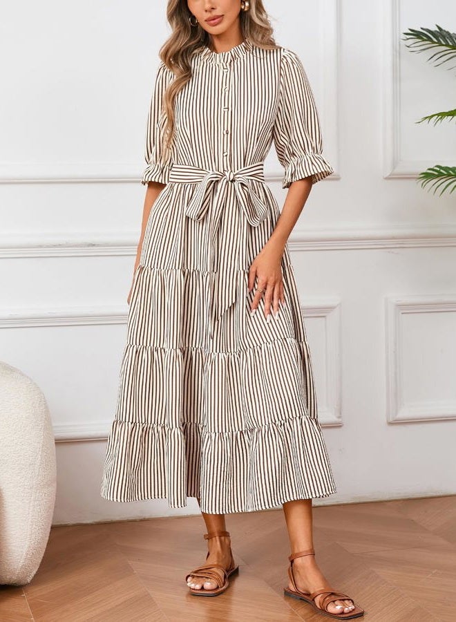 YEXPINE Women's Striped Stand Ruffle Collar Maxi Dress Half Sleeve Button Down Flowy Belted Beach Vacation Dress, Brown, L - Image 5