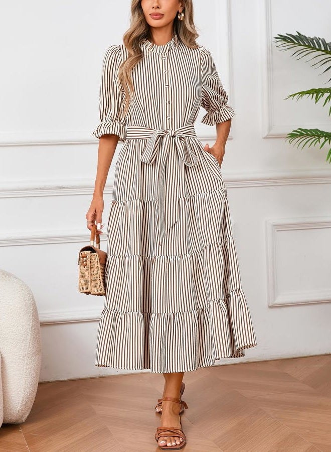 YEXPINE Women's Striped Stand Ruffle Collar Maxi Dress Half Sleeve Button Down Flowy Belted Beach Vacation Dress, Brown, L - Image 4