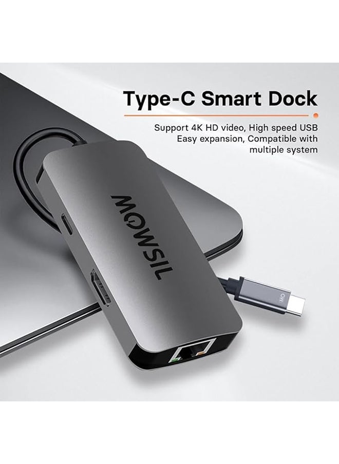 MOWSIL - 6 in 1 USB C Hub 4K HDMI and FHD VGA Dual Video Output Type C Hub, PD 100W, Gigabit Ethernet, 3 USB 3.0 Ports, USB C to 3.5mm, SD/TF Slot Multiport Adapter for MacBook Pro/Air 2023, HP, - Image 1