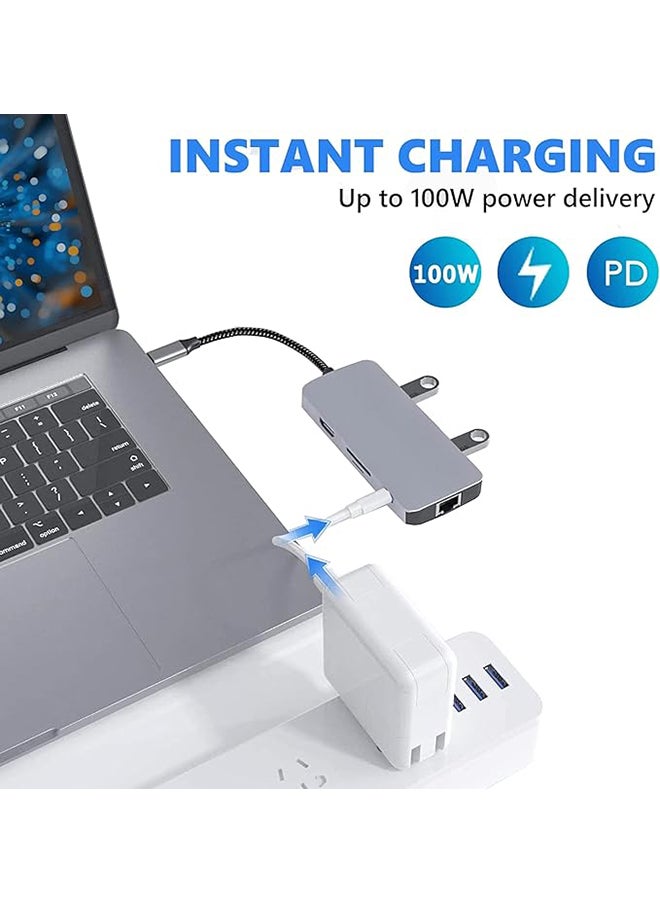 MOWSIL - 6 in 1 USB C Hub 4K HDMI and FHD VGA Dual Video Output Type C Hub, PD 100W, Gigabit Ethernet, 3 USB 3.0 Ports, USB C to 3.5mm, SD/TF Slot Multiport Adapter for MacBook Pro/Air 2023, HP, - Image 1