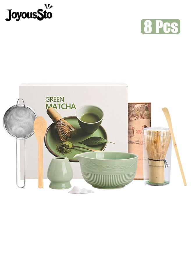 متجر الفرح طقم خفاقة ماتشا، طقم خفاقة ماتشا مكون من 8 قطع، طقم ماتشا من الدرجة الاحتفالية مع وعاء سيراميك مع فوهة، خفاقة خيزران مع حامل، مصفاة، مغرفة - Image 1