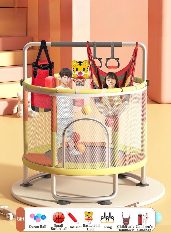 WALALLA Trampoline for Kids, Adjustable Baby Toddler Trampoline 140cm Indoor Outdoor Use with Safety Enclosure Net, Foam Handle, Adjustable Gymnastics Bars, Basketball Hoop, Gifts for Boys and Girls - Image 1