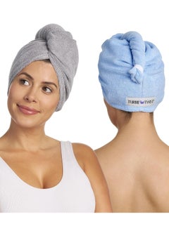 Turbie Twist Turbie Twist 2-Pack Microfiber Hair Towel for Beauty, Travel, Gifting - Hair Wrap Turban for Straight, Wavy & Curly Hair - Premium Hair Care - Grey & Blue  - Image 1