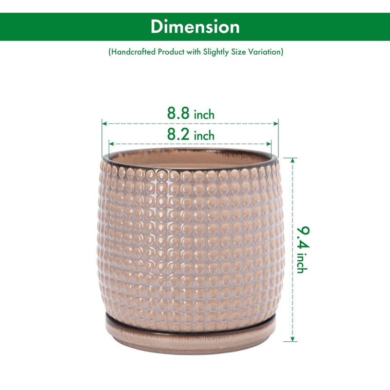 D'vine Dev 8 Inch Ceramic Beaded Stoneware Planter Pot - Flower Pot with Drainage Holes and Saucers for Indoor Succulent Plants or Flowers, Light Brown, 27-C-Q-4 - Image 3