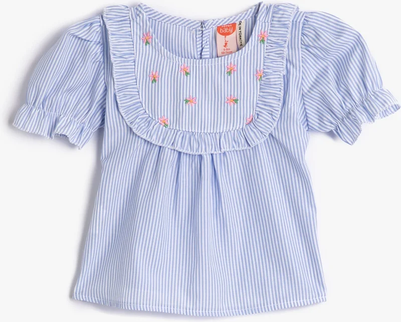 كوتون Blouse Ruffled Short Balloon Sleeves Round Neck Floral Embroidered