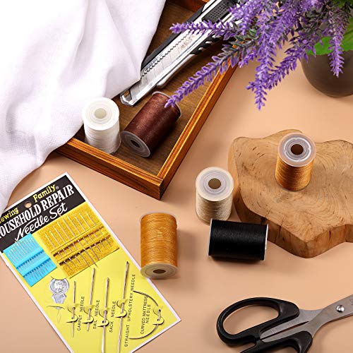 BBTO 6 لفات خيط تنجيد قوي خيط خياطة مشمع عالي القوة مع مجموعة إبر خياطة يدوية للحرف الجلدية والدنيم (أبيض، أسود، بيج، قهوة، كراميل، مصبوغ بالشاي، 0.55 مم) - Image 4