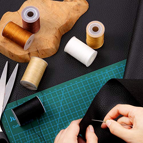 BBTO 6 لفات خيط تنجيد قوي خيط خياطة مشمع عالي القوة مع مجموعة إبر خياطة يدوية للحرف الجلدية والدنيم (أبيض، أسود، بيج، قهوة، كراميل، مصبوغ بالشاي، 0.55 مم) - Image 5