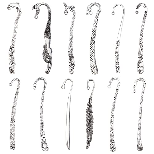 SUNNYCLUE 12Pcs 12 Styles Hook Bookmarks Findings Metal Bookmark Hairpin Stripe Hook Vintage Bookmark Clip for Crafting Jewelry Making Charms Christmas Gifts Ideas DIY Findings Accessories Silver - Image 1