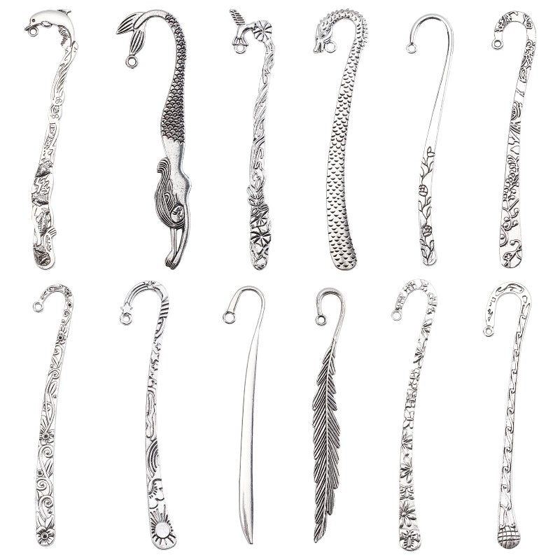 SUNNYCLUE 12Pcs 12 Styles Hook Bookmarks Findings Metal Bookmark Hairpin Stripe Hook Vintage Bookmark Clip for Crafting Jewelry Making Charms Christmas Gifts Ideas DIY Findings Accessories Silver - Image 3
