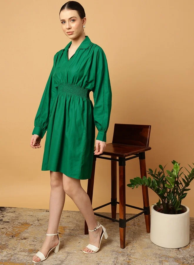 MINT STREET Green Cotton Fit & Flare Dress for Women