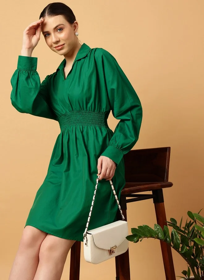 MINT STREET Green Cotton Fit & Flare Dress for Women