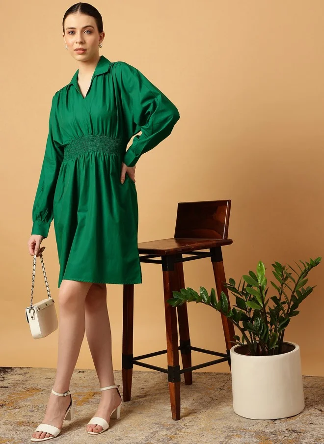 MINT STREET Green Cotton Fit & Flare Dress for Women