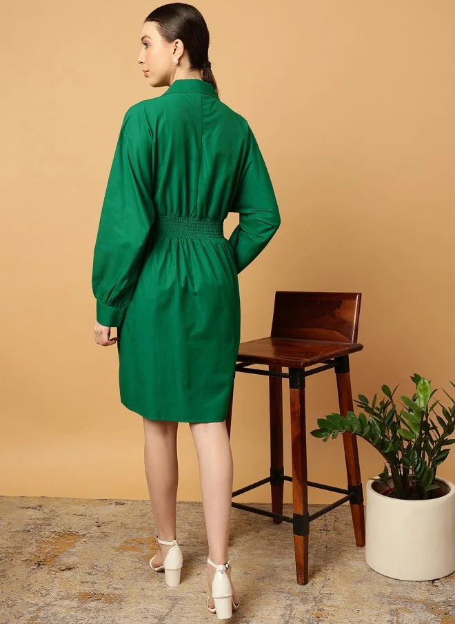 MINT STREET Green Cotton Fit & Flare Dress for Women