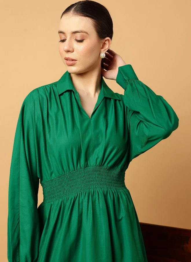 MINT STREET Green Cotton Fit & Flare Dress for Women