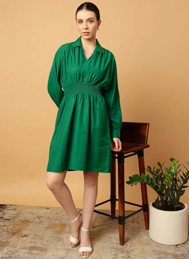 MINT STREET Green Cotton Fit & Flare Dress for Women