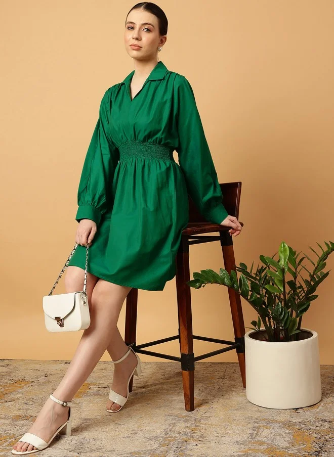 MINT STREET Green Cotton Fit & Flare Dress for Women